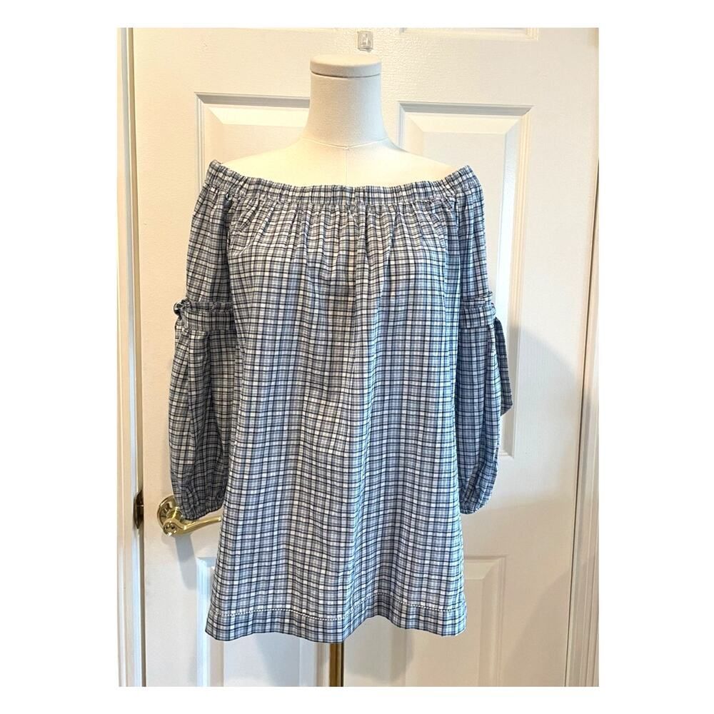 Max Studio Blue & White Plaid Off-The-Shoulder Cotton Blouse Size Small